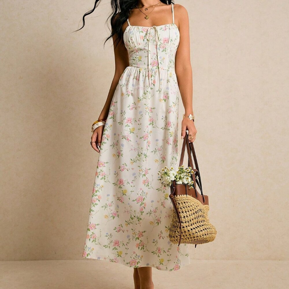 Multicolor Boho Women's Smocked Midi Sundress - Picture 3 of 8